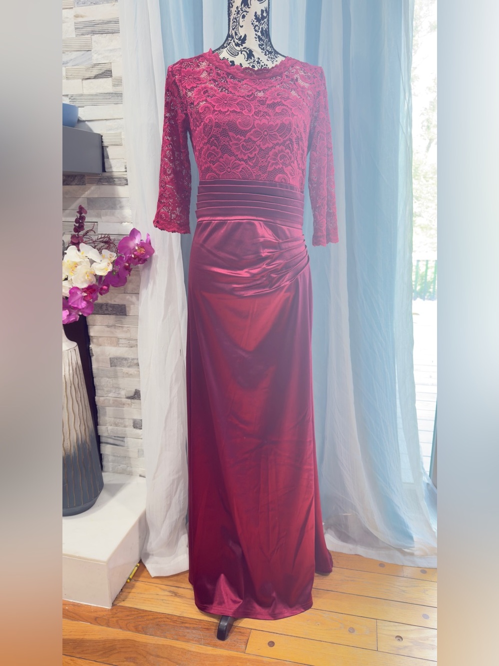 Elegant Maroon Burgundy Satin & Lace Gown - 3/4 Sleeve Maxi Dress - Size M - Picture 2 of 10